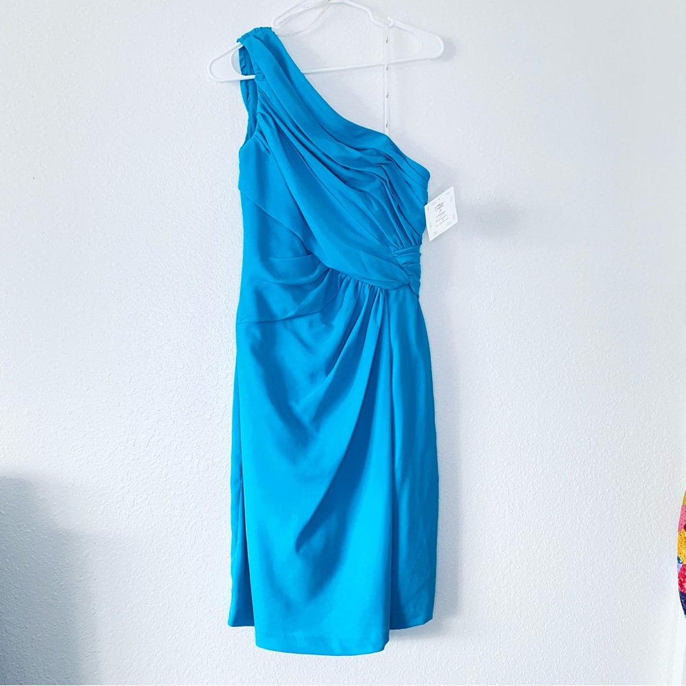🍓 Suzi Chin / Maggy Boutique NEW Ruched Turquoise One Shoulder Faux Wrap Dress 4
